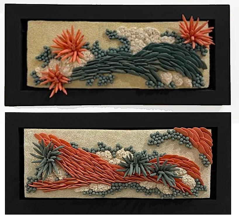 "Gradients 12" (10 x 22 x 5"); "Gradients 9" (10 x 22 x 4"). Both pieces: 2021, clay, mason stains