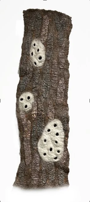 "Epiphyte 5"  2023, wool roving, cotton fabric, margolin silk (23 x 7 x 2")