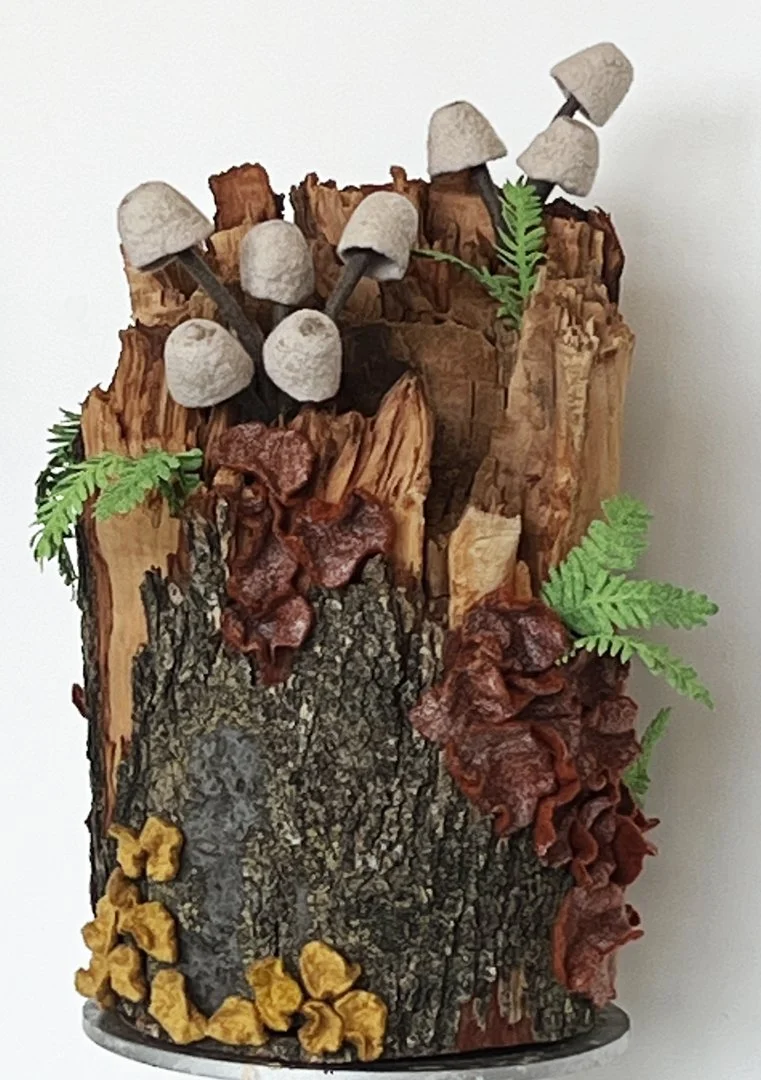 "Epiphytes 13" 2025, wool roving, viscose, embroidery thread, wood tree stump (21 x 15 x 13")