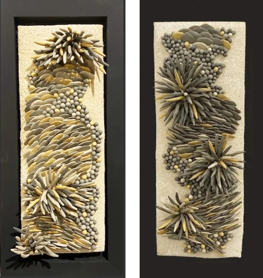"Gradations 10" (22 x 10 x 5"); "Gradations 11" (22 x 10 x 5"). Both pieces: 2019, clay, mason stains