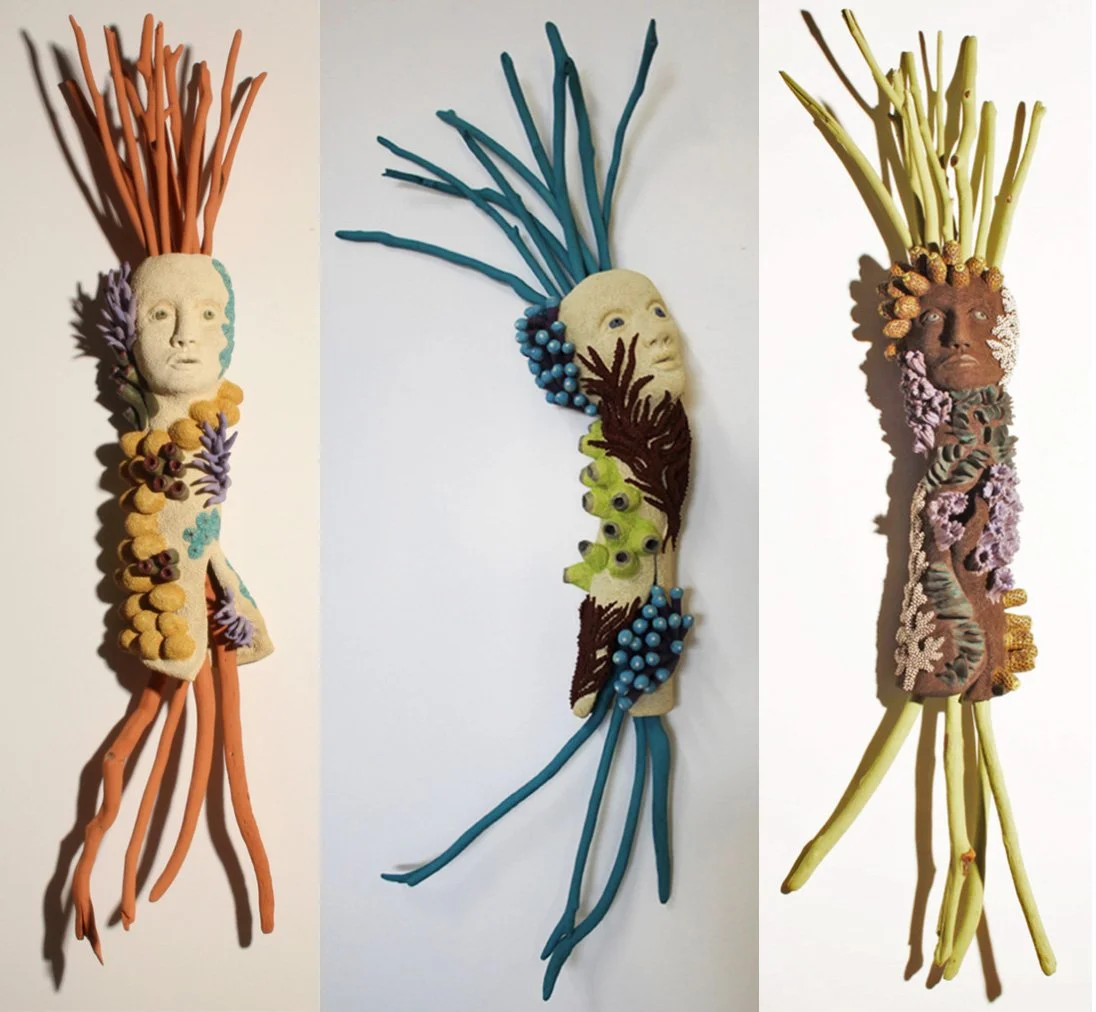 "Coralized 11" (33 x 7 x 8"); "Coralized 12" (35 x 12 x 5"); "Coralized 14" (37 x 11 x 5"). All pieces: 2019, clay, mason stains, underglazes, driftwood