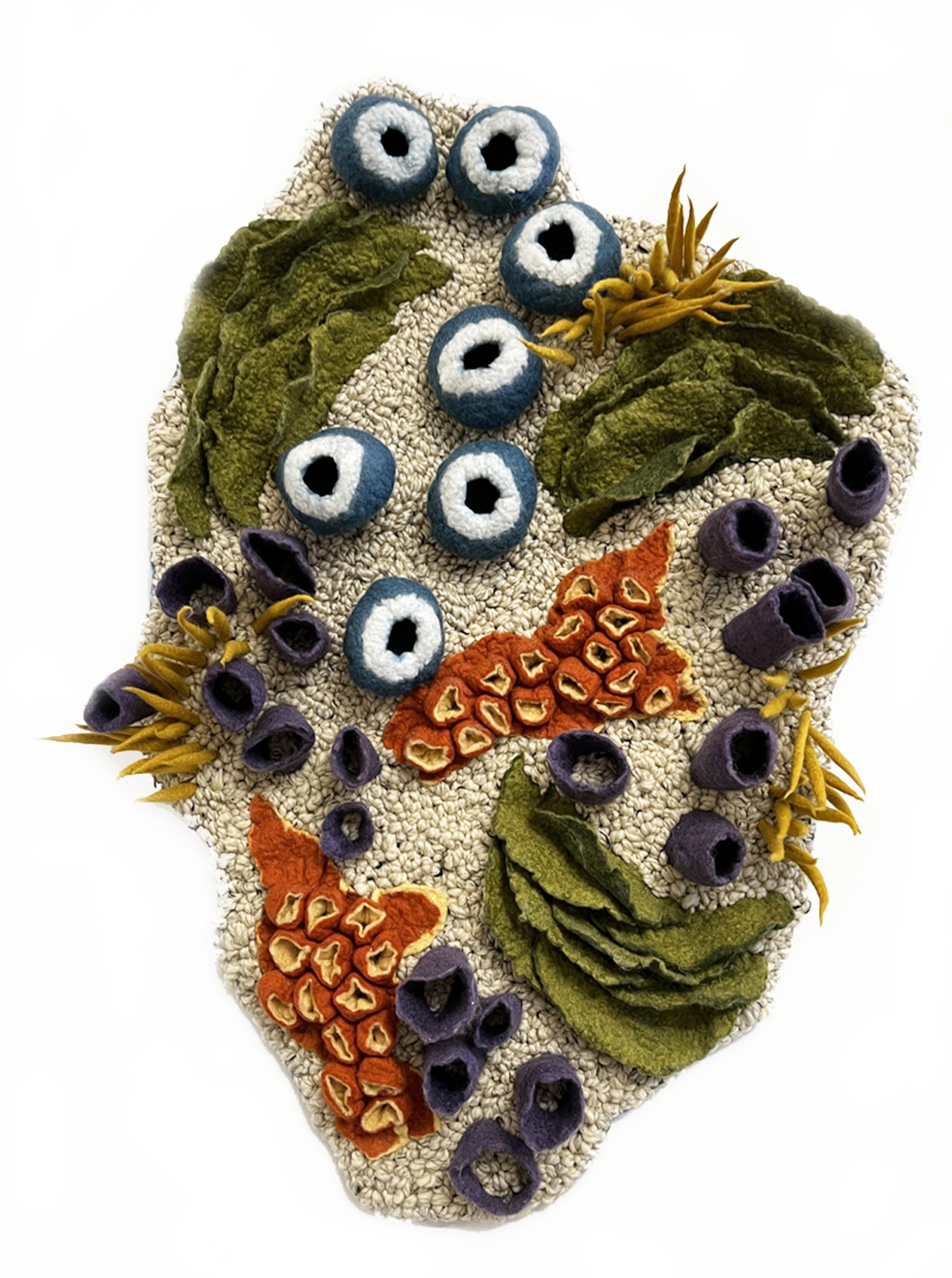 "Coral Group  4" 2024, wool roving, yarn, mesh canvas (31 x 20 x 4”)