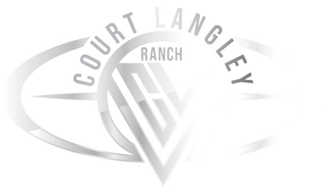 Black and white logo of Court Langley Ranch with a large stylized 'CV' in the center, surrounded by the text 'Courtl Langle' and 'Ranch.'