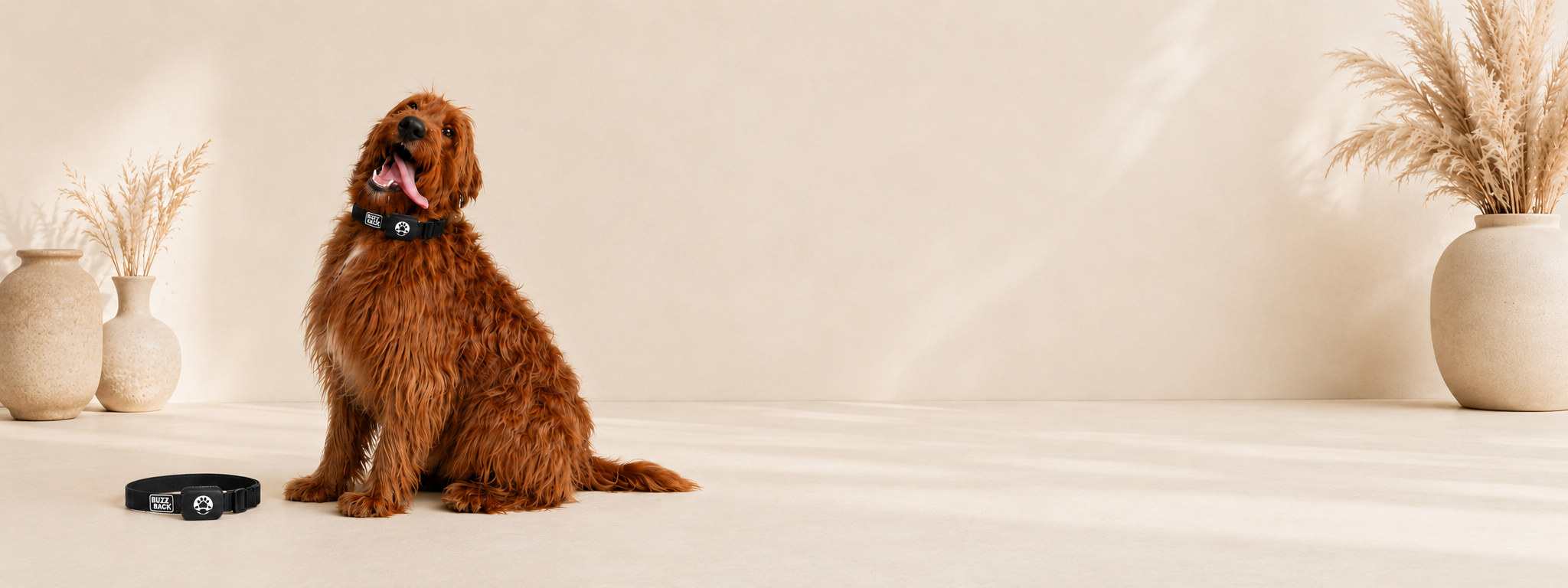 A cute, red-haired dog sitting on a beige surface, wearing a black collar with a tag, next to a black dog collar.
