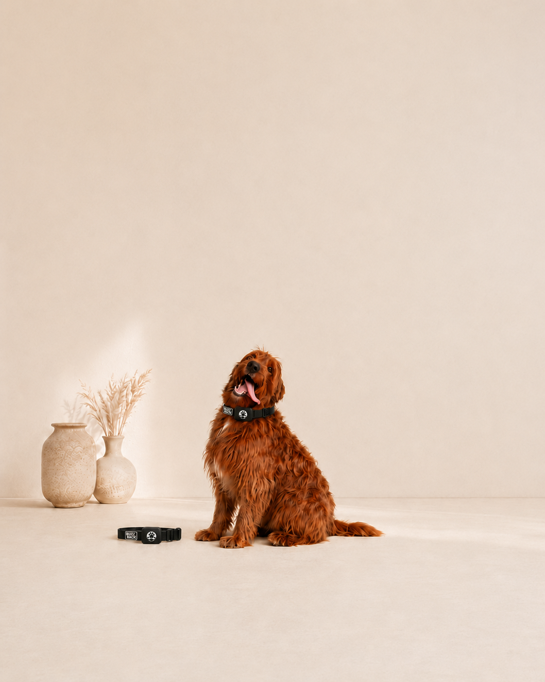 A golden retriever dog sitting on a beige floor next to a black collar and azzed with bone and paw print designs. Behind the dog, there are two decorative beige vases, one with dried beige plants. The background is plain and light-colored.