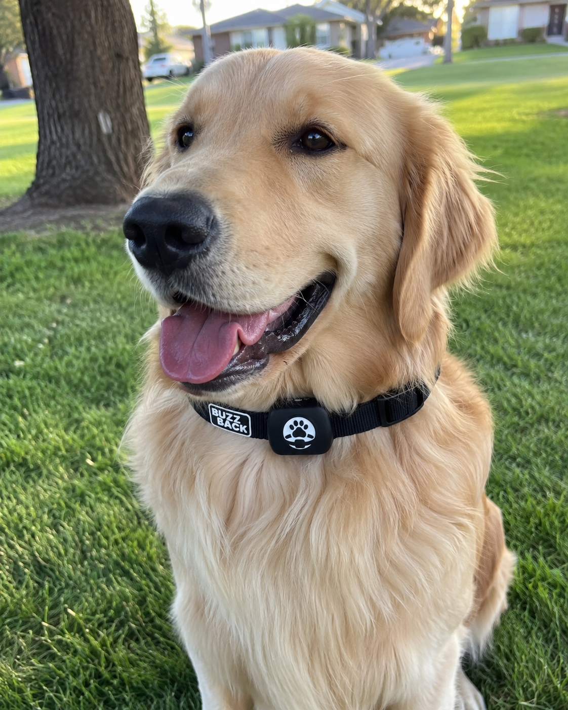 The image shows a happy golden retriever dog outdoors in a grassy park with trees and houses in the background. The dog is wearing a black collar with a tag that says "BUZZ BACK" and a paw print emblem, and appears to be smiling with its tongue out.