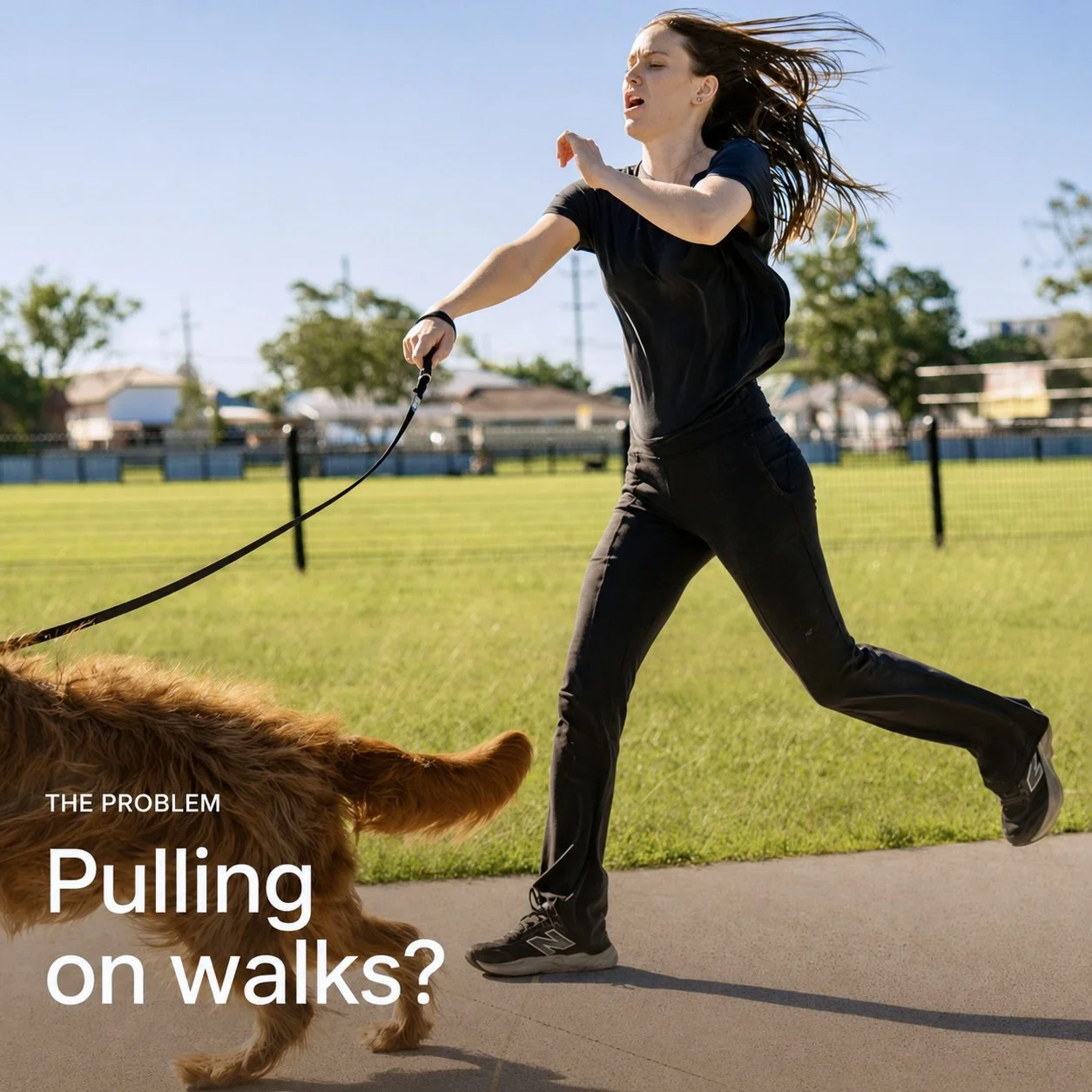 Young woman walking a dog on a leash in a park on a sunny day with text overlay reading, 'THE PROBLEM Pulling on walks?'.