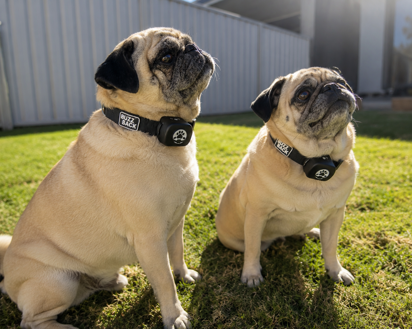 Two pugs sitting on grass wearing collars with the label BUZZ BACK and paw print tags, facing slightly to the right under sunlight with a fence in the background.