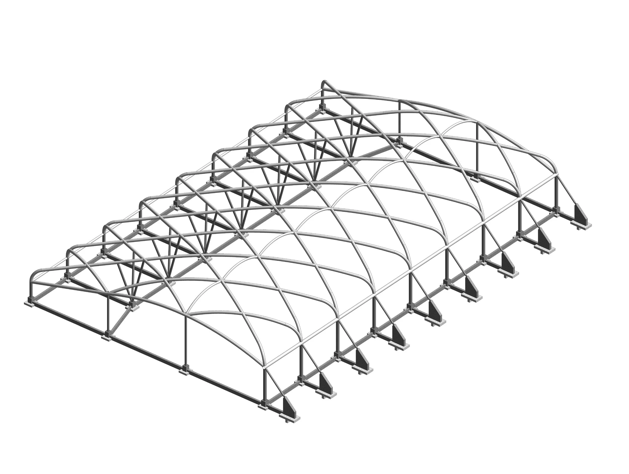 A digital rendering of a metal greenhouse frame shown from an angled perspective.
