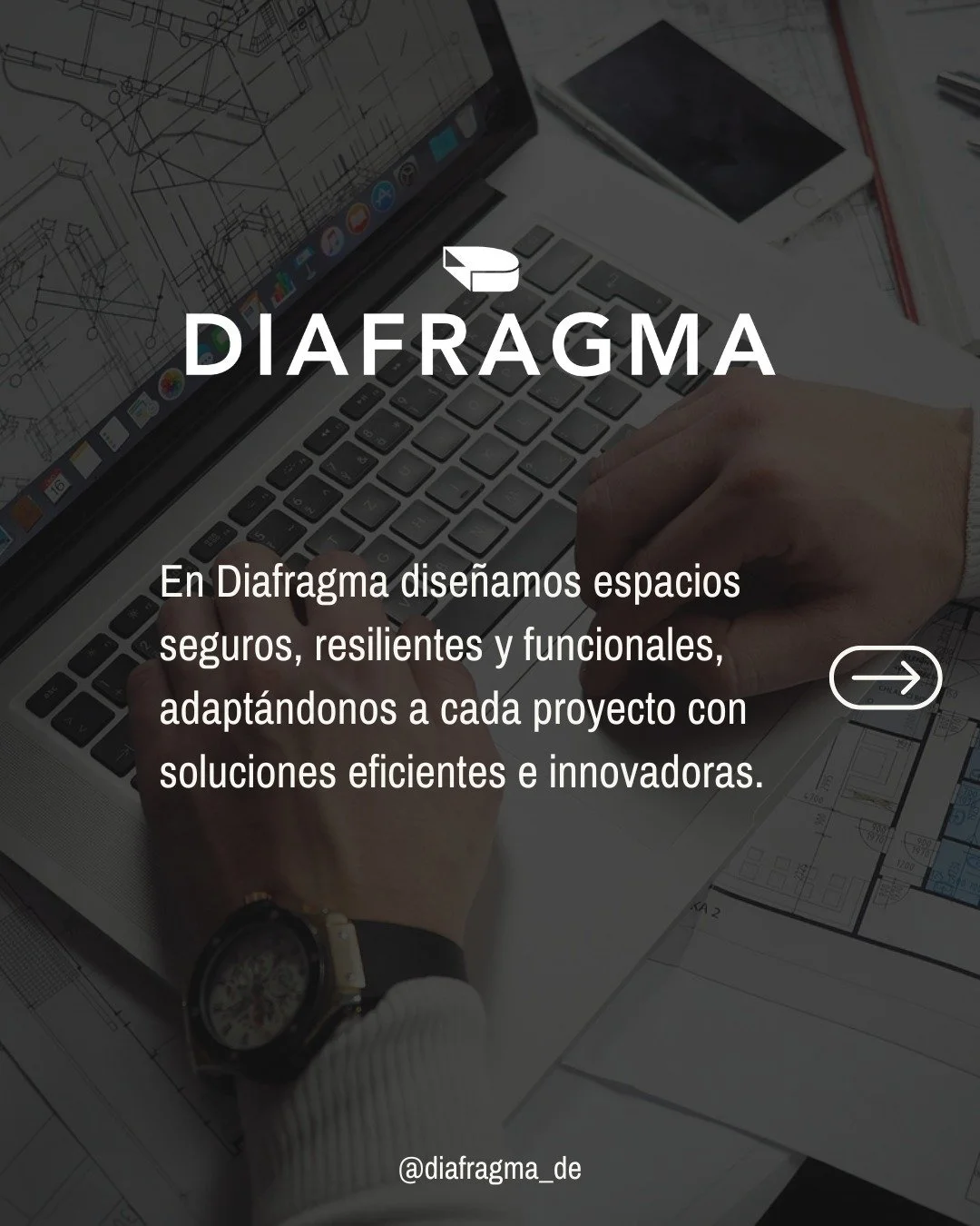 A person working on architectural designs at a desk with a laptop, smartphone, and architectural plans, with overlay text promoting Diafragma's design services.