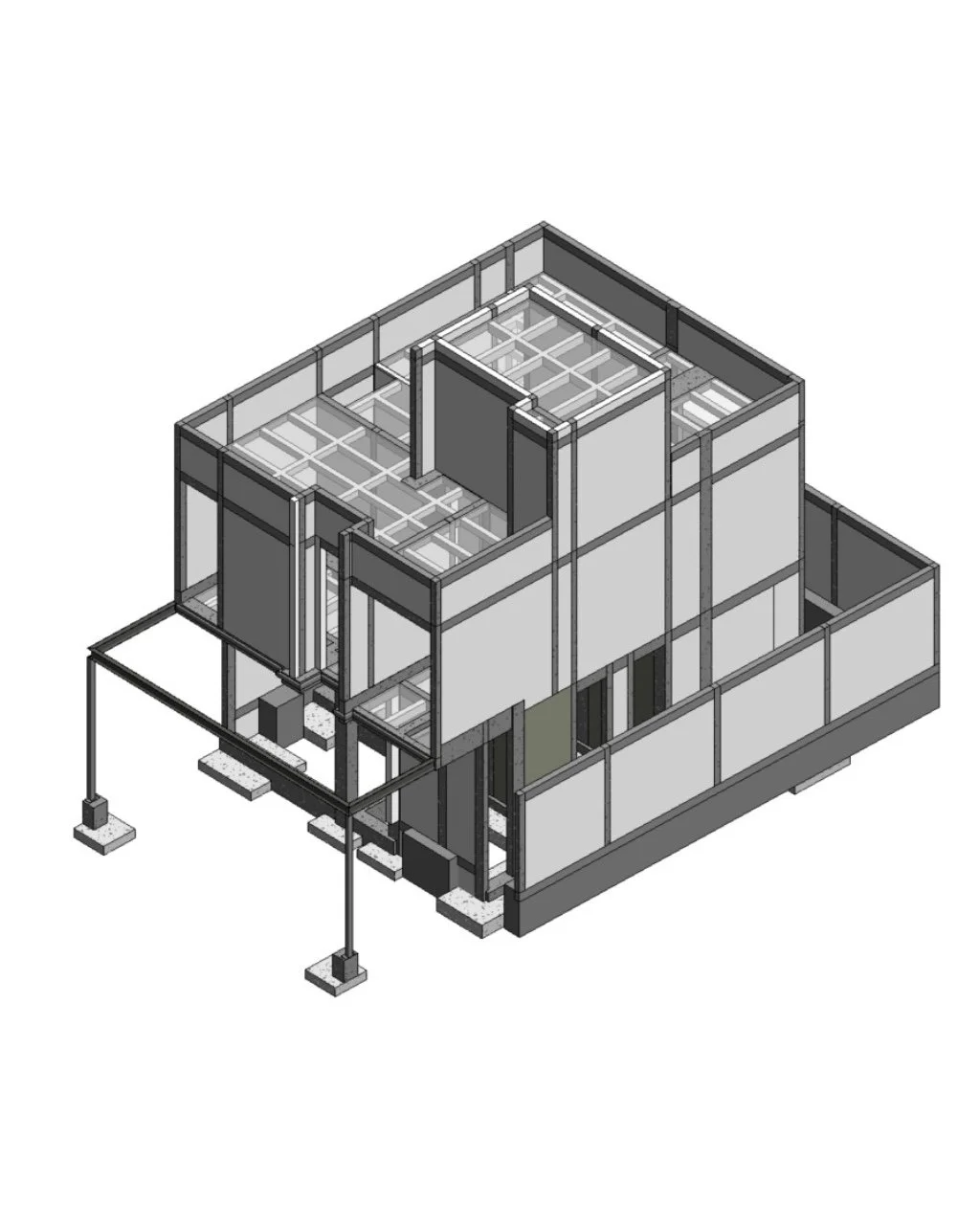 3D architectural model of a modern, multi-story building with glass walls and a raised foundation.