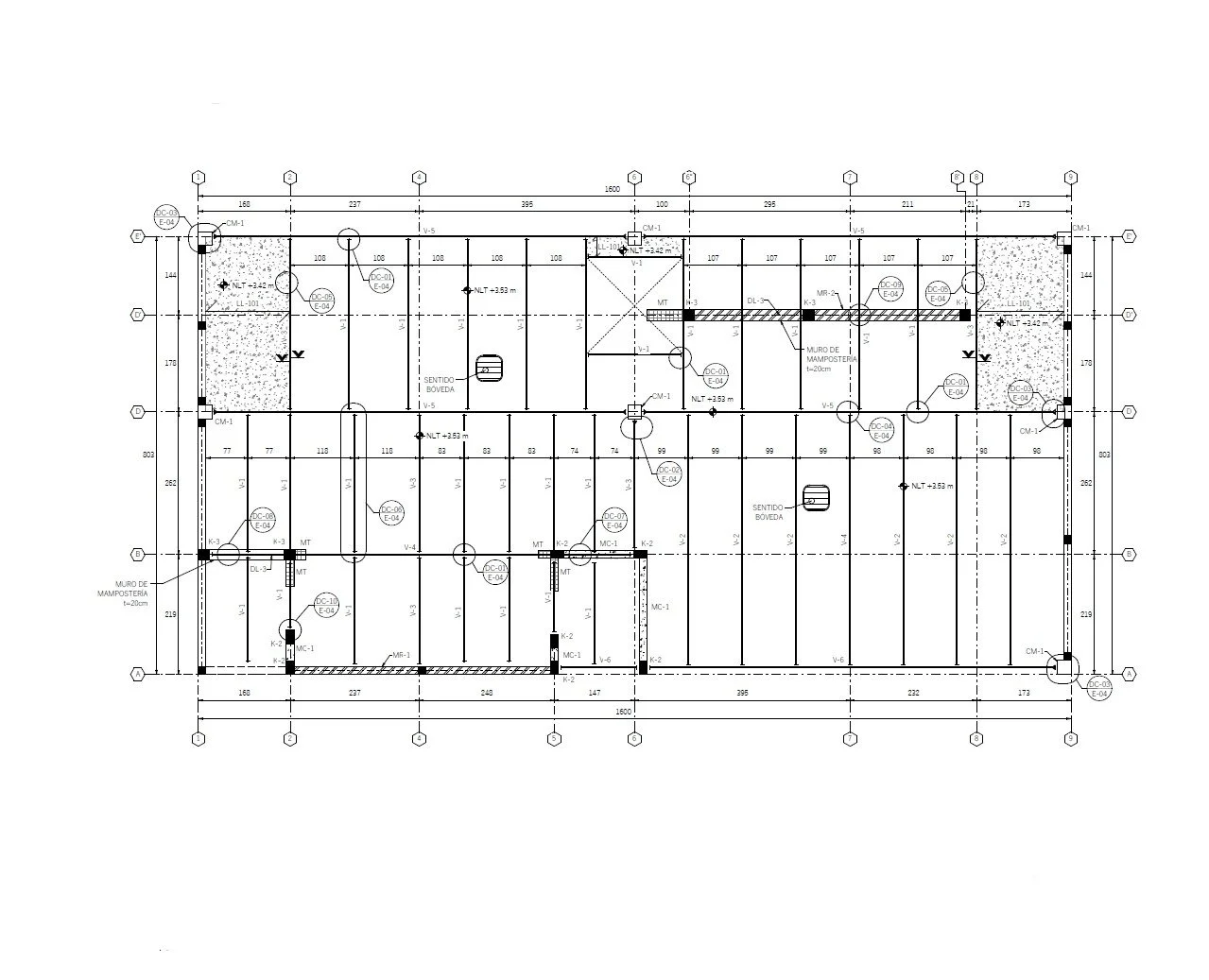 Architectural blueprint of a building floor plan showing walls, doors, columns, and structural details.