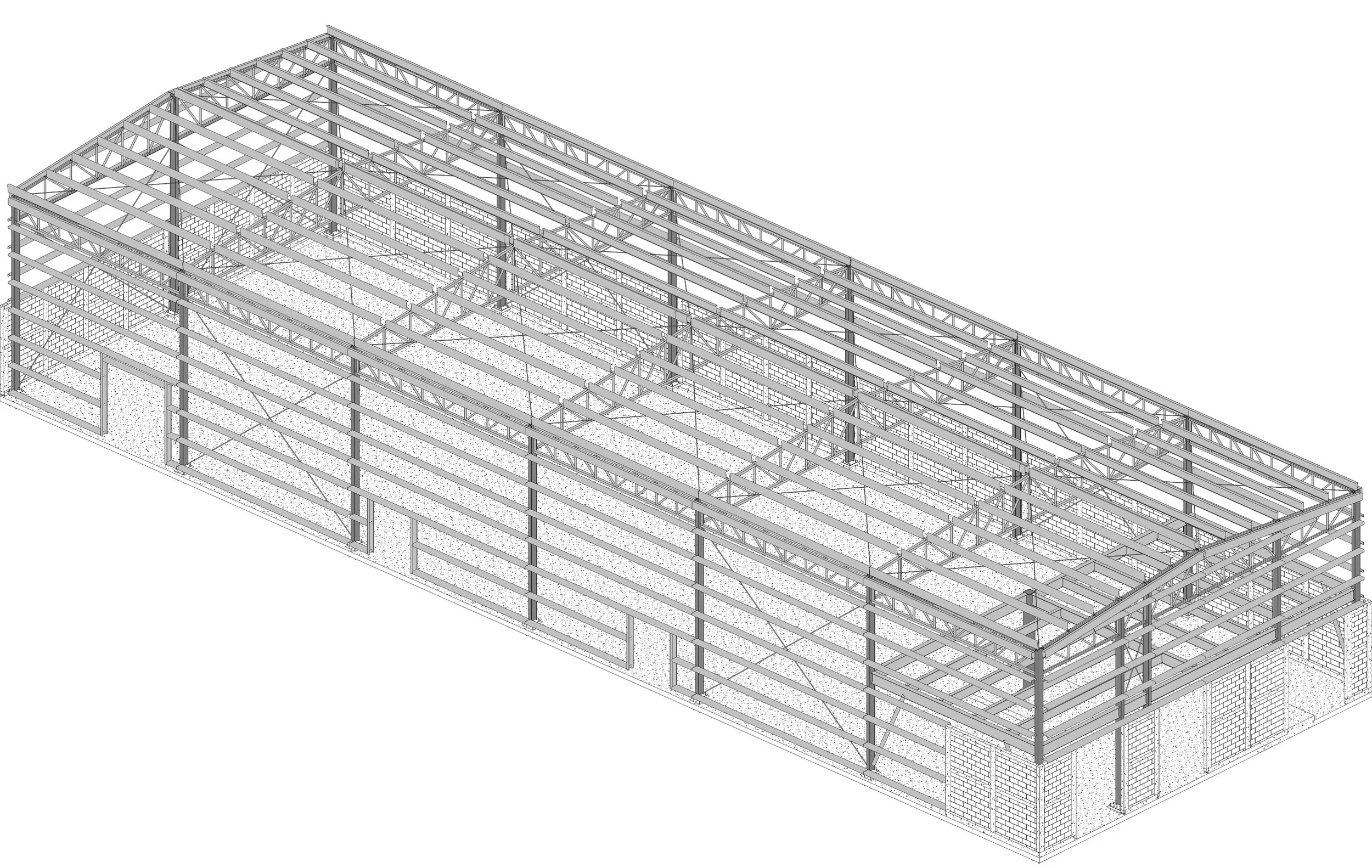 A digital architectural drawing of a building's steel framework, showing the structure's beams, girders, and supports in an isometric view.