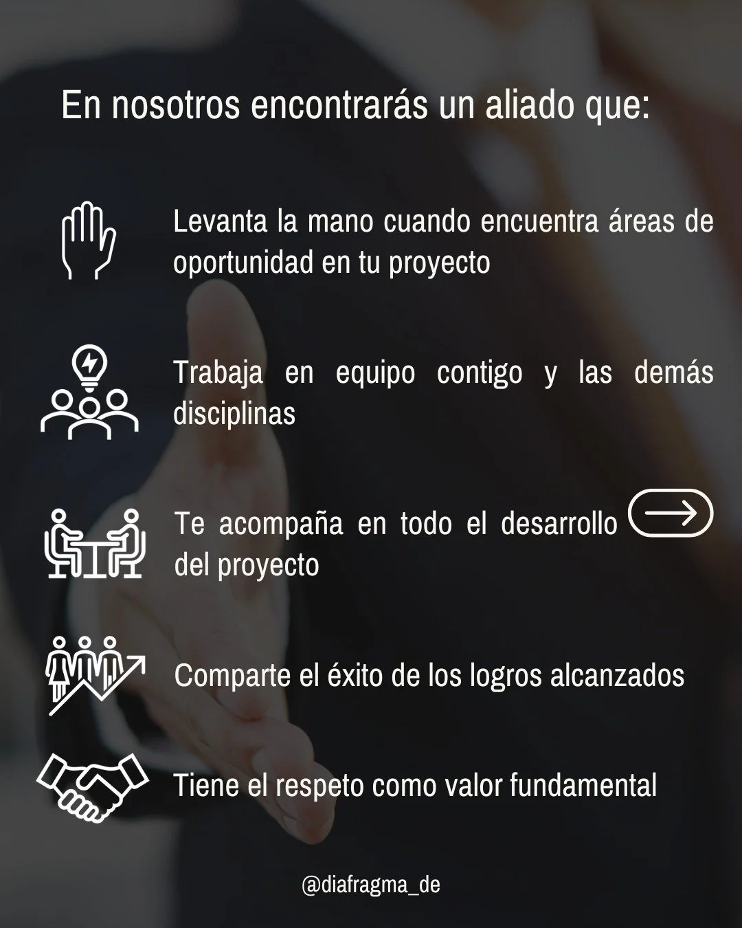 A digital infographic in Spanish with a dark background, featuring text and icons that list qualities of a good team member, including: raising hand for opportunity, working in a team, supporting project development, sharing success, and showing respect.