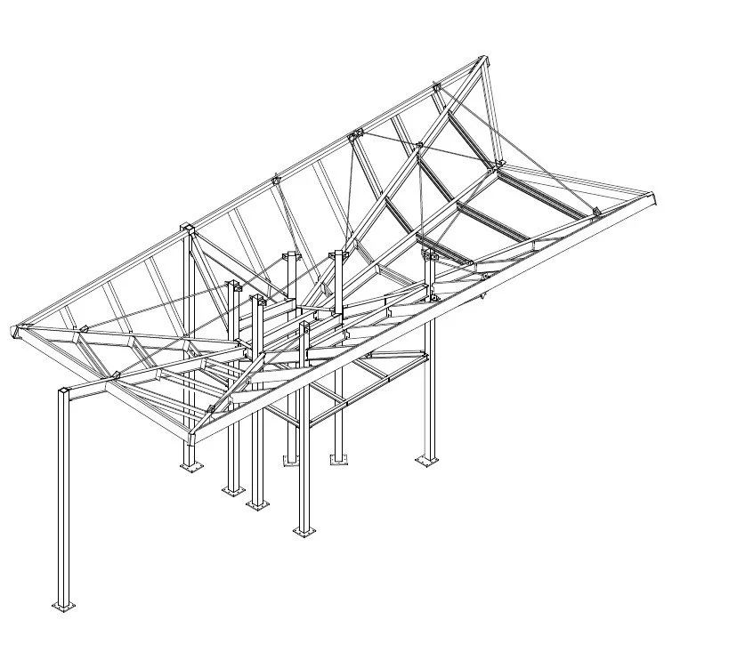 Line drawing of a structural framework or scaffolding, possibly for construction or engineering purposes.