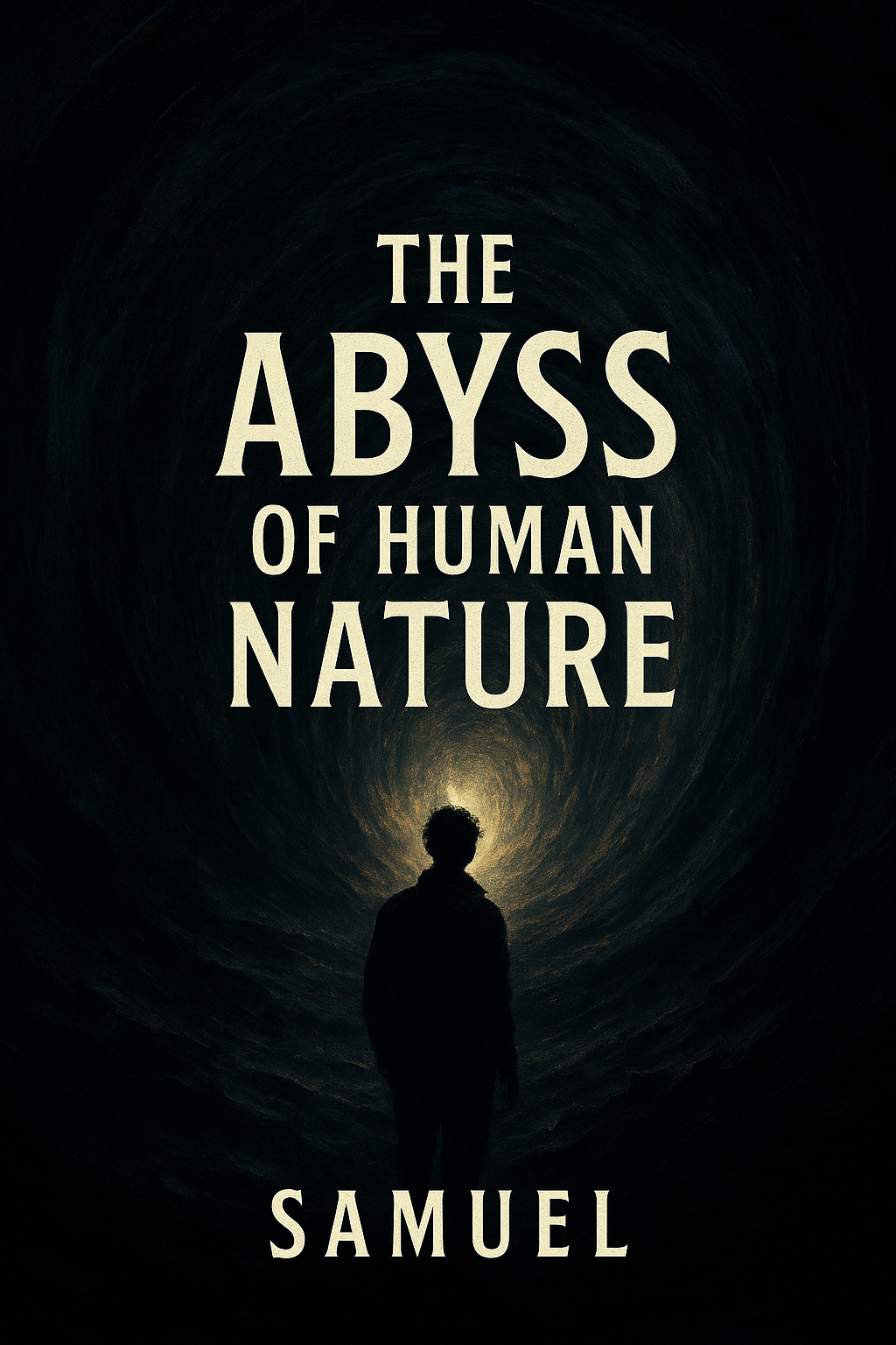Book cover titled 'The Abyss of Human Nature' by Samuel, depicting a silhouette of a person standing in a dark, swirling void with a small light source behind them.