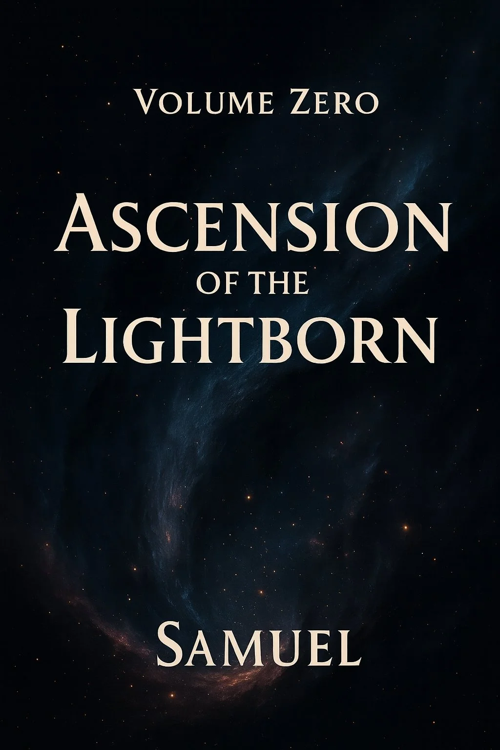 Book cover with dark starry sky background, title 'Volume Zero: Ascension of the Lightborn' and author Samuel.