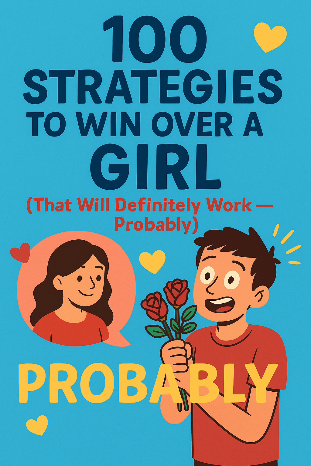Cover of a book or poster titled '100 Strategies to Win Over a Girl (That Will Definitely Work - Probably)'. It features an illustration of a happy girl inside a speech bubble and a boy holding a bouquet of flowers, with multiple yellow hearts around them.