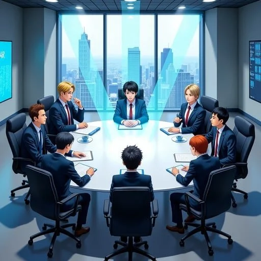 Illustration of a business meeting in a modern high-rise office with eight diverse professionals seated around a large round table, overlooking a city skyline through large windows.