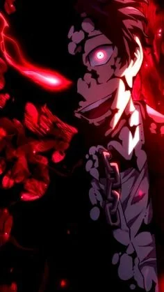 Anime-style character with wild hair, glowing pink eye, and red lightning effects behind, wearing dark clothing and chains, set against a dark background.
