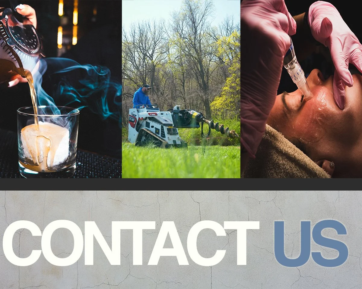 A collage with three images: on the left, a cocktail with ice and smoky effects; in the middle, a person operating a trenching machine outdoors in a grassy area with trees; on the right, a person receiving medical treatment with a syringe near their nose.