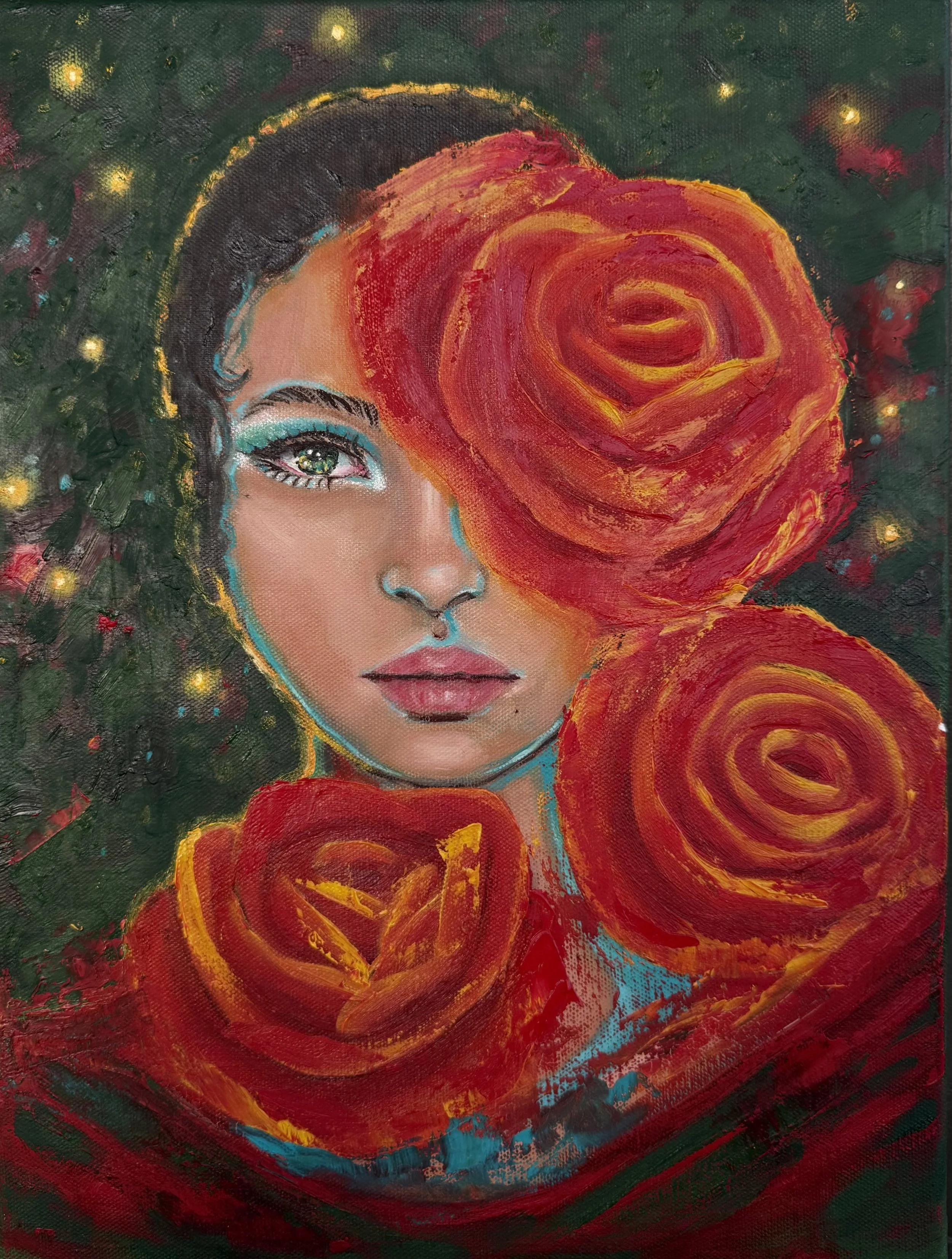 An artistic painting of a woman with short hair, green eye makeup, and a piercing in her nose, surrounded by large red and orange roses and a dark green background with small glowing yellow lights.