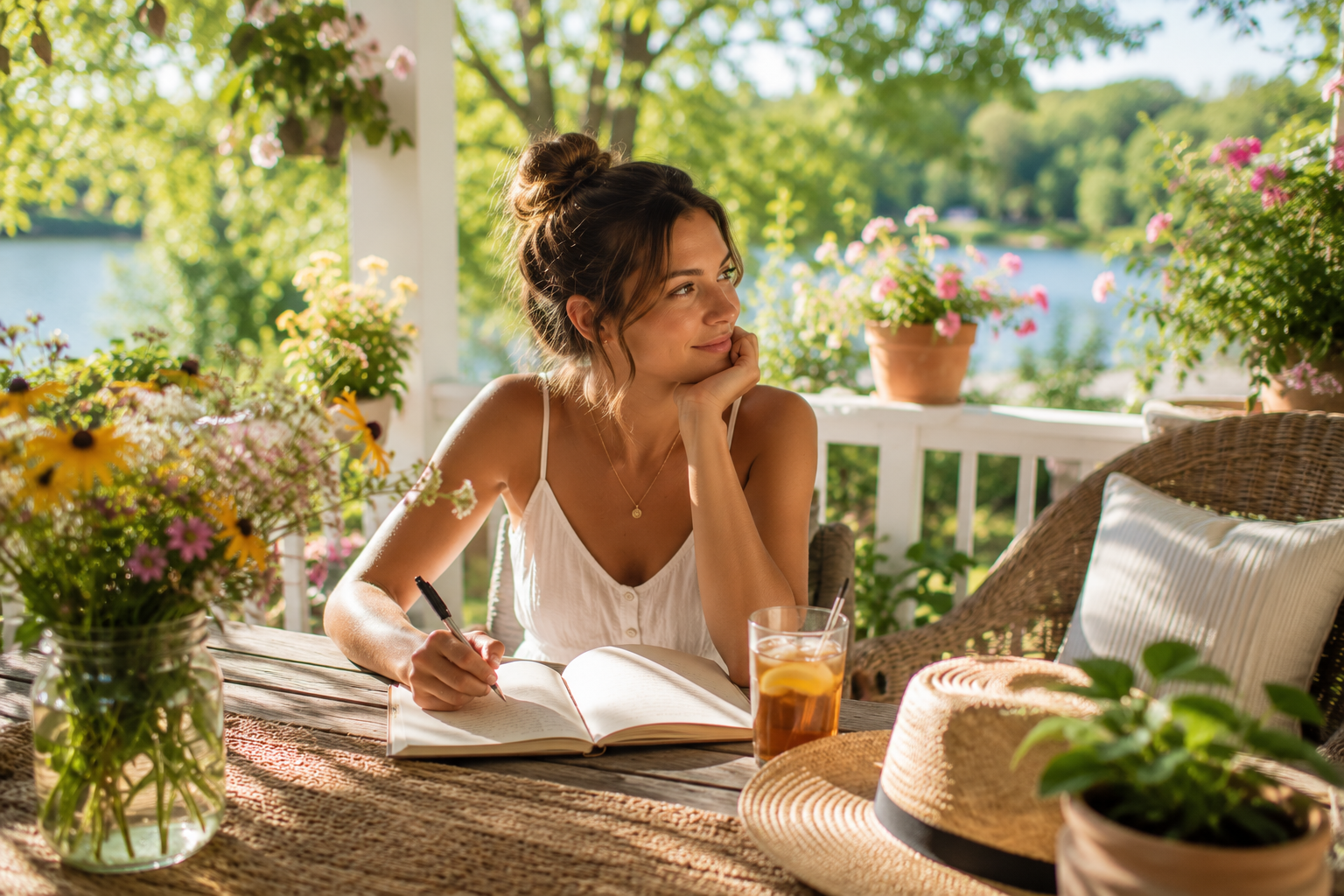 Outdoor summer journaling scene representing self-reflection, emotional wellness, and personal growth.