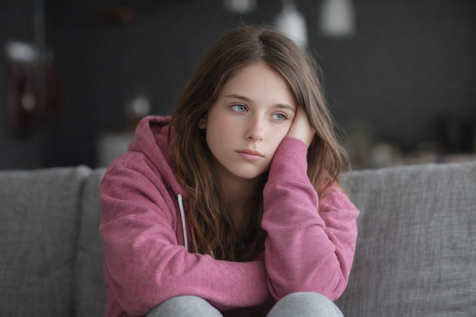 Teen girl in a pink hoodie looking sad and withdrawn, symbolizing teen depression counselling at Watkins Counselling & Wellness in Smiths Falls.