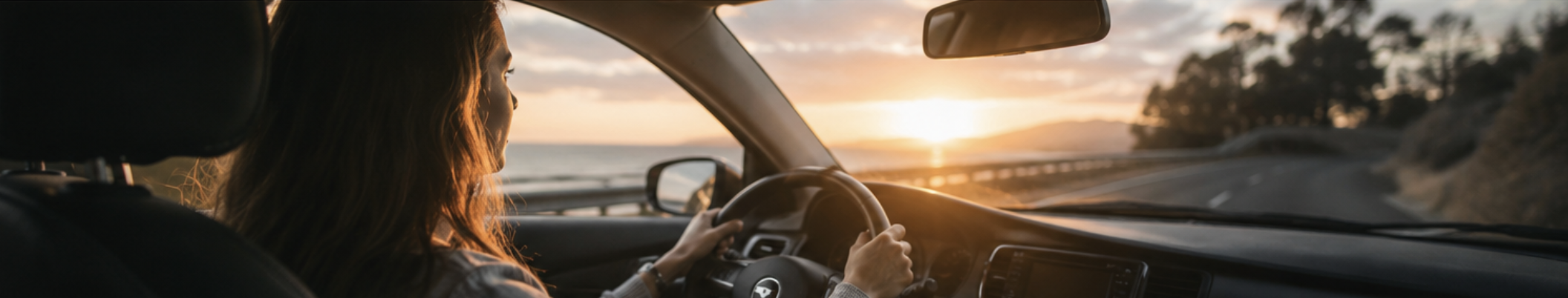 Woman driving calmly during sunset representing emotional recovery after a motor vehicle accident