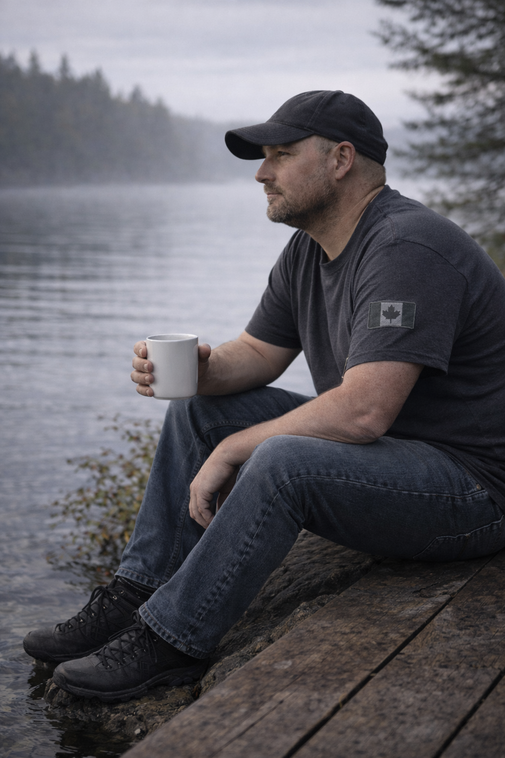 Man sitting on a dock by a misty lake, holding a mug and reflecting, representing the heaviness of depression and the support available through virtual therapy in Ontario.