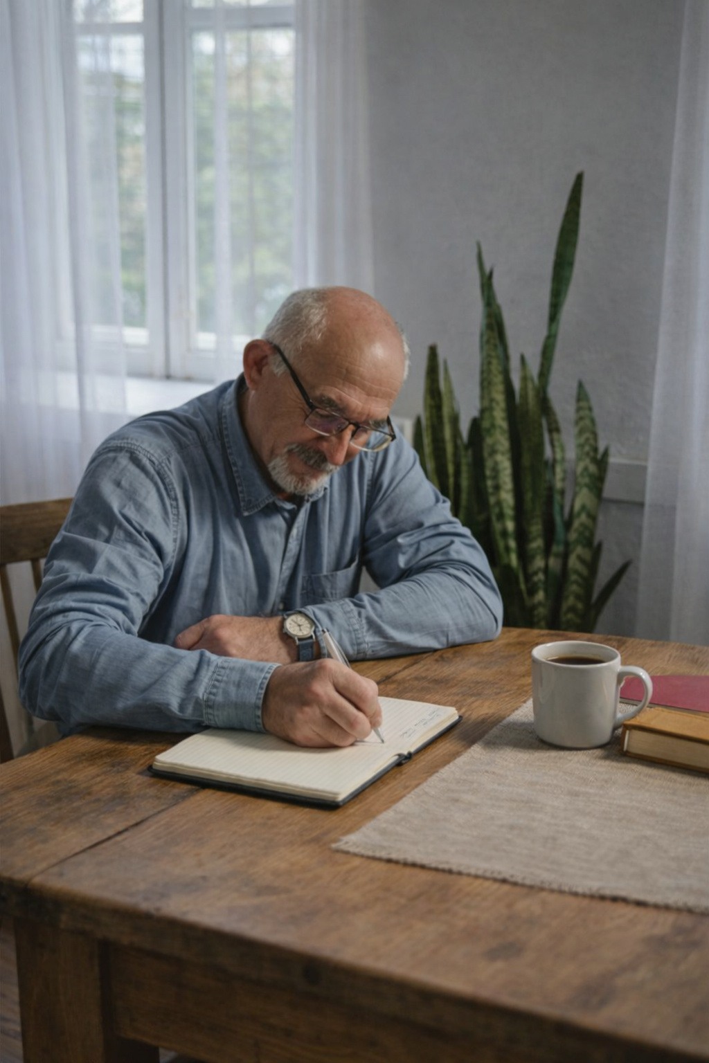Older man writing in a journal at a farmhouse table with coffee during cognitive behavioural therapy session in Ontario.