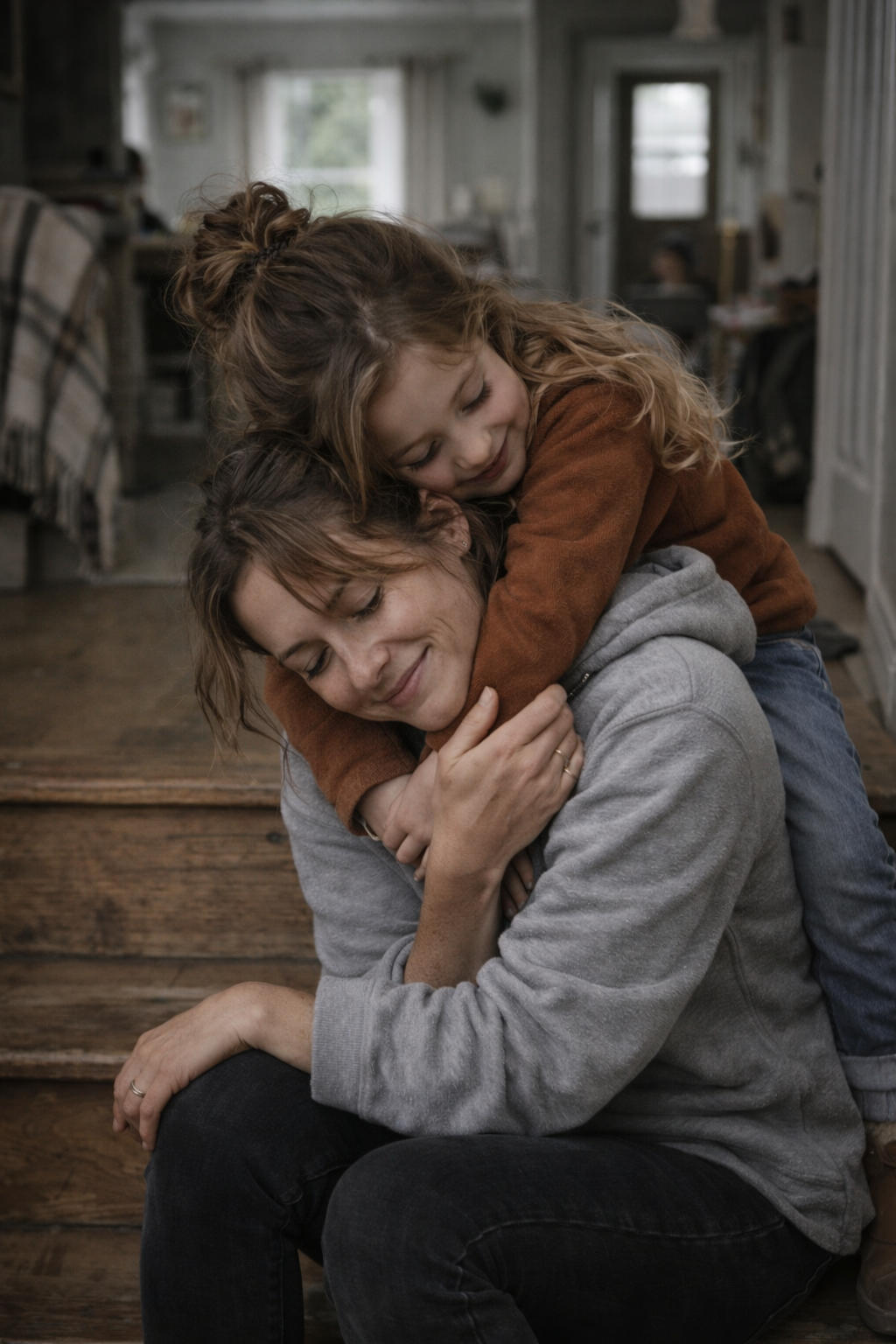 Mother and daughter embracing on indoor steps representing secure attachment and connection in attachment-based therapy in Ontario.