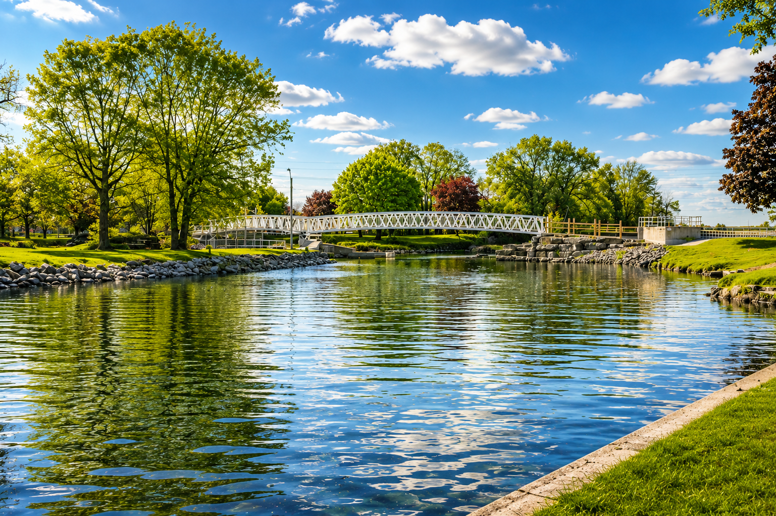Scenic waterfront trail and pedestrian bridge in Smiths Falls, Ontario, used for Walk & Talk Therapy sessions.