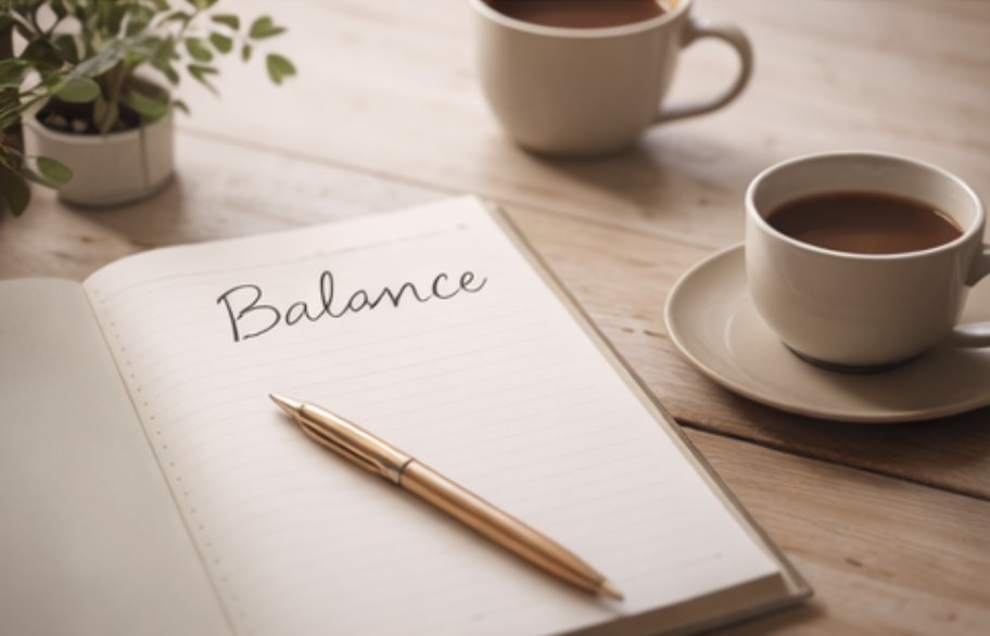 Notebook showing the word ‘balance’ beside a planner and coffee, representing reflection and routine in September.