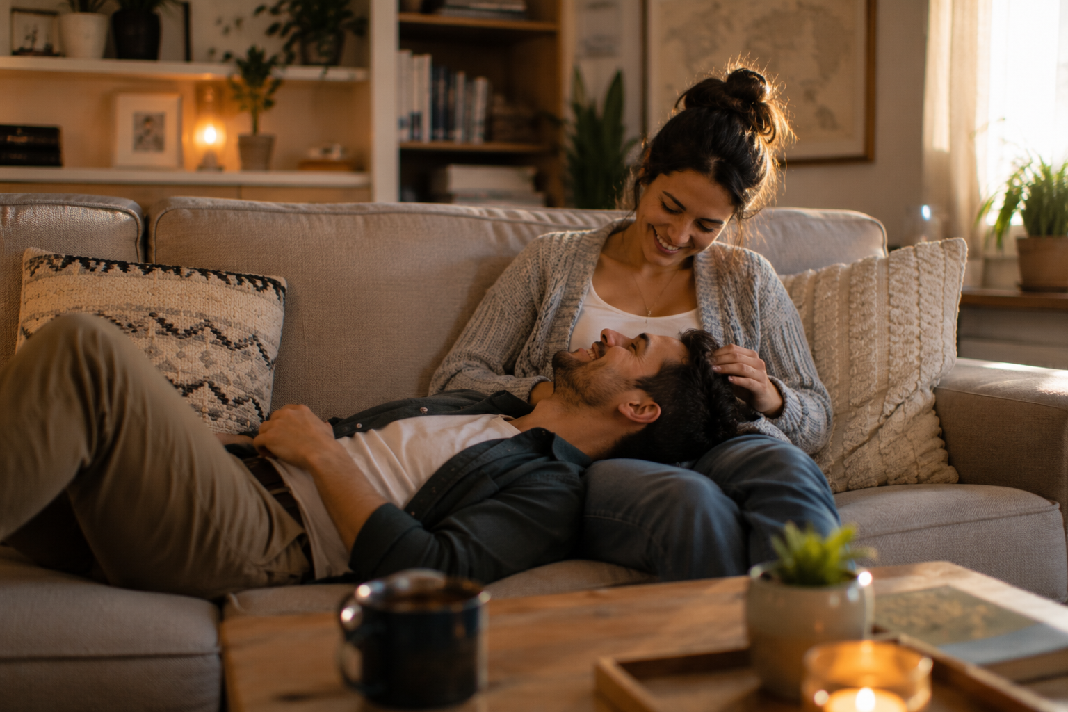 A couple enjoys a peaceful evening together on a living room couch, illustrating emotional connection, comfort, friendship, and the importance of nurturing joy in long-term relationships.