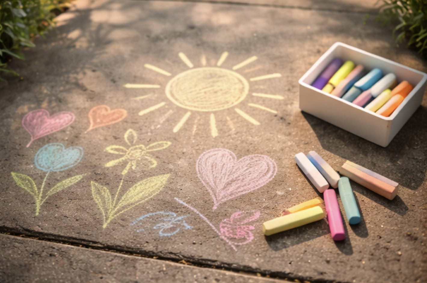 Colourful sidewalk chalk drawings and chalk pieces on pavement, representing play, creativity, and self-expression in August.