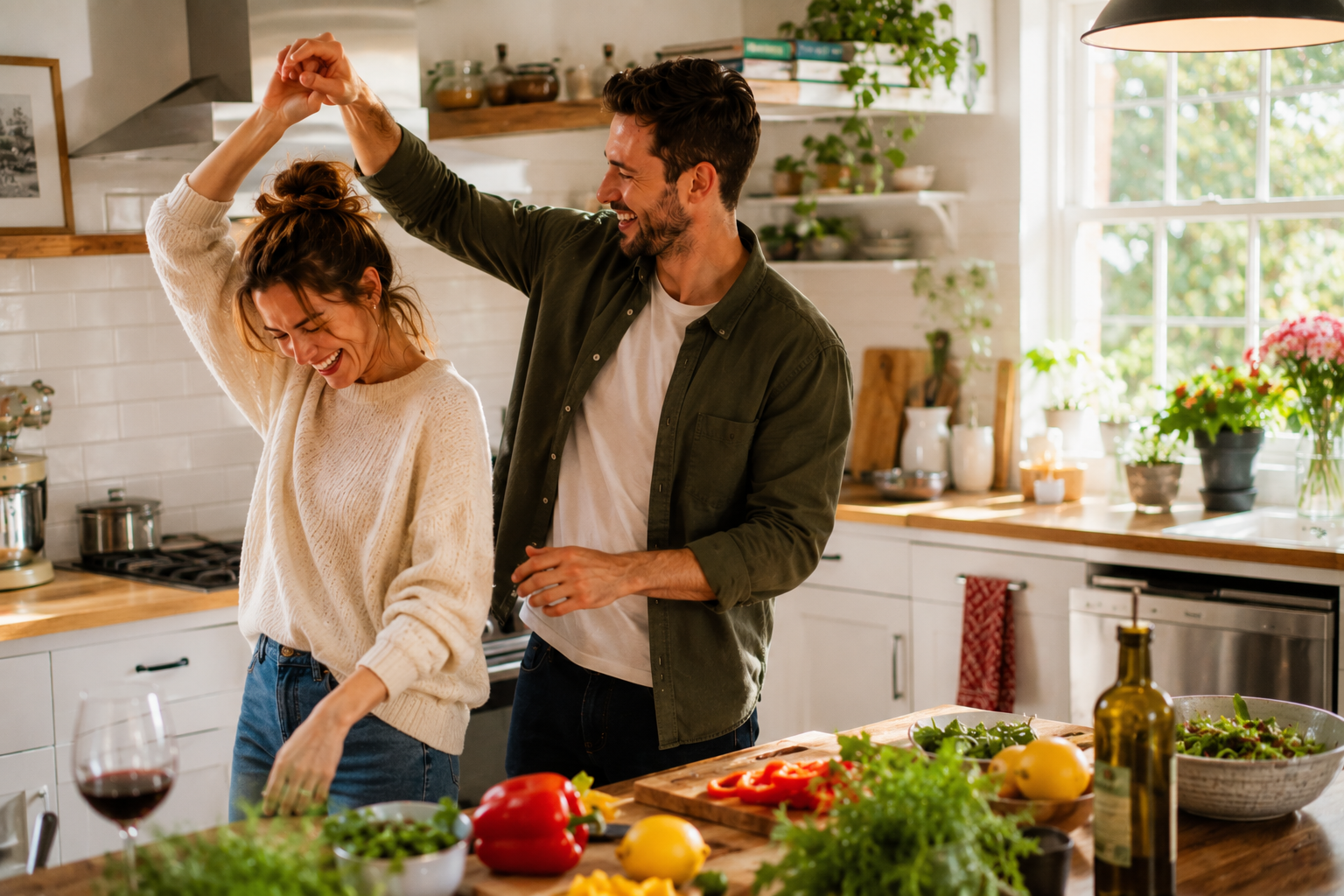 A happy couple dancing together in a colourful kitchen while cooking dinner, illustrating how playfulness and shared experiences can strengthen relationships.