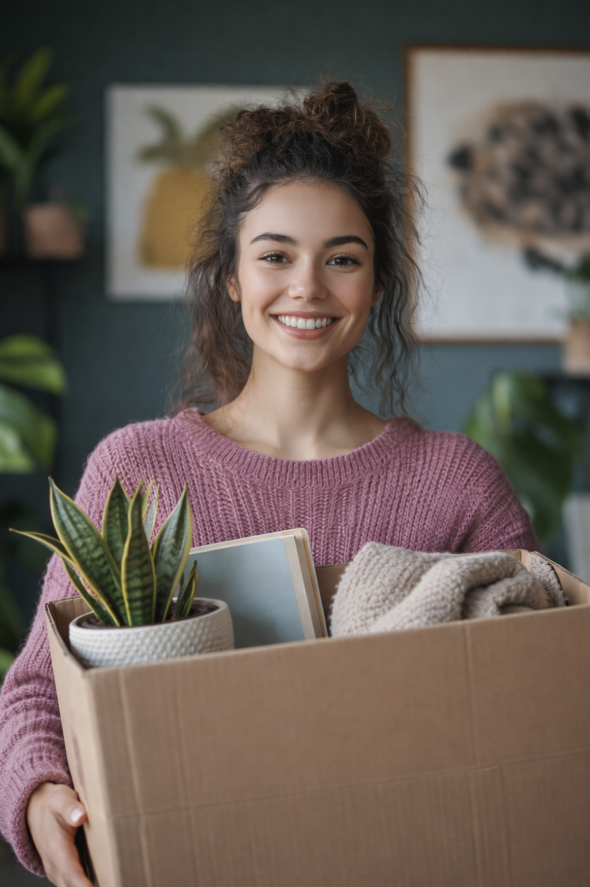 Young woman holding a moving box with personal belongings, symbolizing life transitions and fresh starts, virtual therapy support across Ontario.