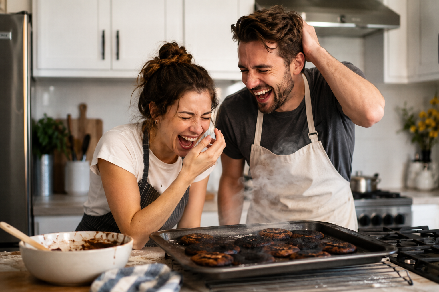 A couple laughs hysterically in a kitchen while looking at a tray of badly burnt cookies, showing how shared humour and imperfect moments can strengthen connection in a relationship.