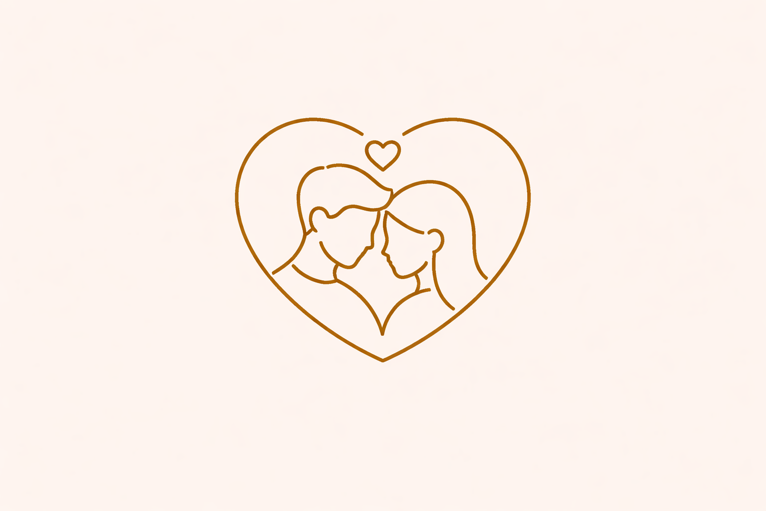 Line drawing of a couple facing each other inside a heart shape, with a small heart above their heads.