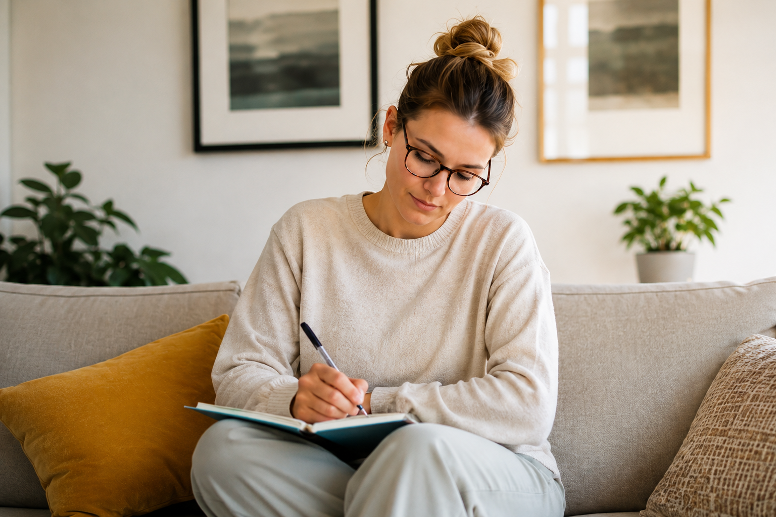 Woman journalling as she reflects on the different factors affecting her mental health and well-being.