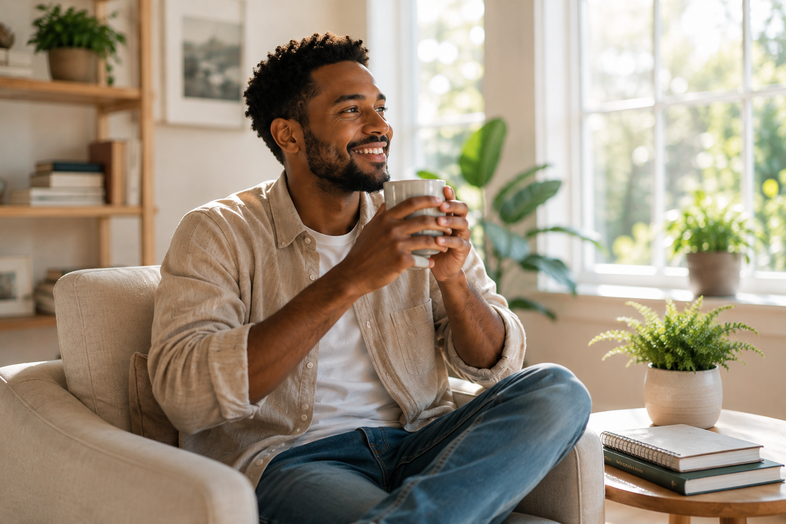 Man relaxing with a cup of coffee and smiling in a bright, comfortable home.