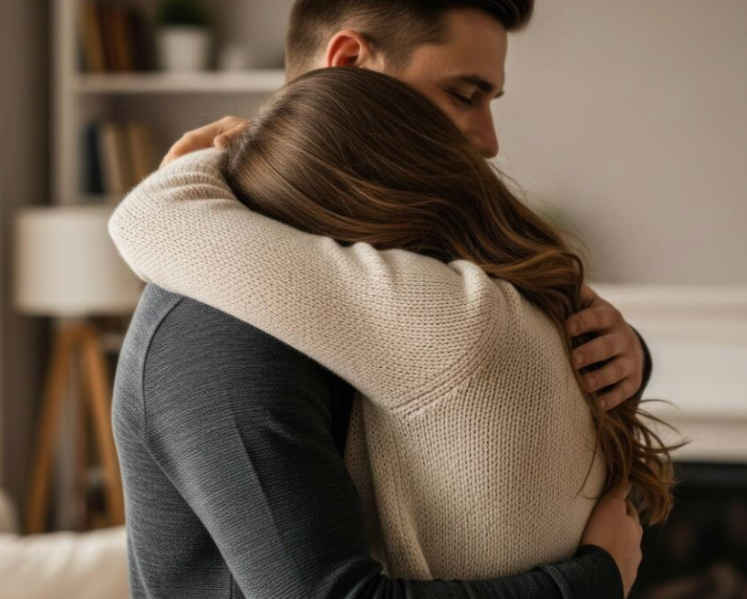 A man and woman hugging each other warmly indoors.