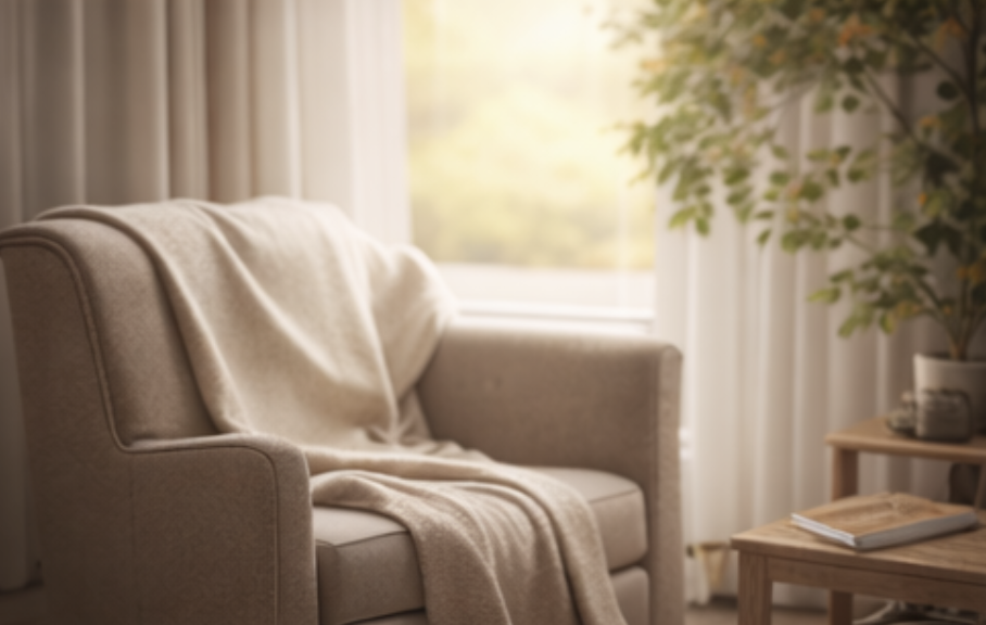 Quiet chair by a window with soft natural light, reflecting pause, balance, and emotional wellbeing in September.