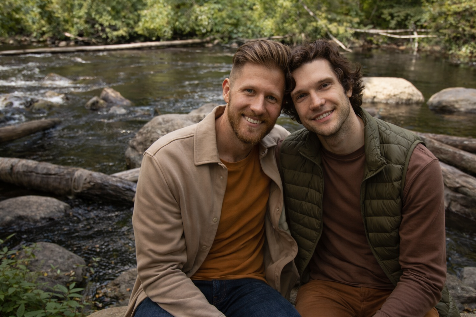 Two men sitting together outdoors by a river symbolizing relationship therapy in Ontario.