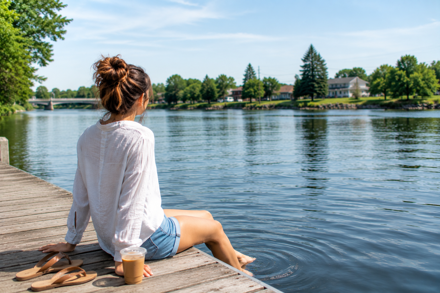 Woman sitting on a dock with her feet in the water on a sunny summer day, with sandals and an iced coffee beside her, representing self-care, reflection, and making space for personal growth.