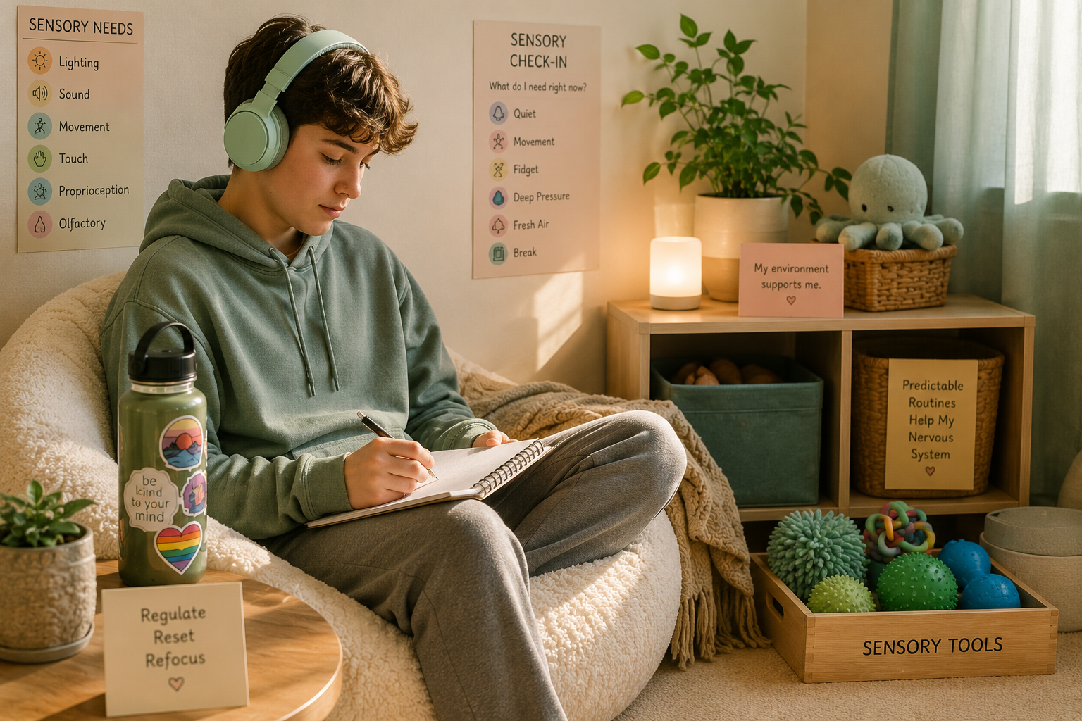 Young person using a sensory-friendly environment with headphones, sensory tools, visual supports, and calming lighting, illustrating sensory processing accommodations and environmental supports for ADHD and Autism.
