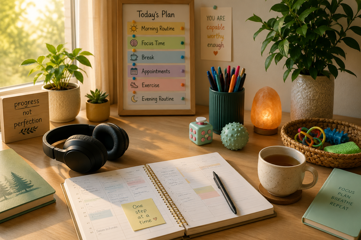 Neurodiversity-affirming workspace featuring visual schedules, sensory tools, noise-cancelling headphones, and organizational supports for ADHD and Autism therapy.