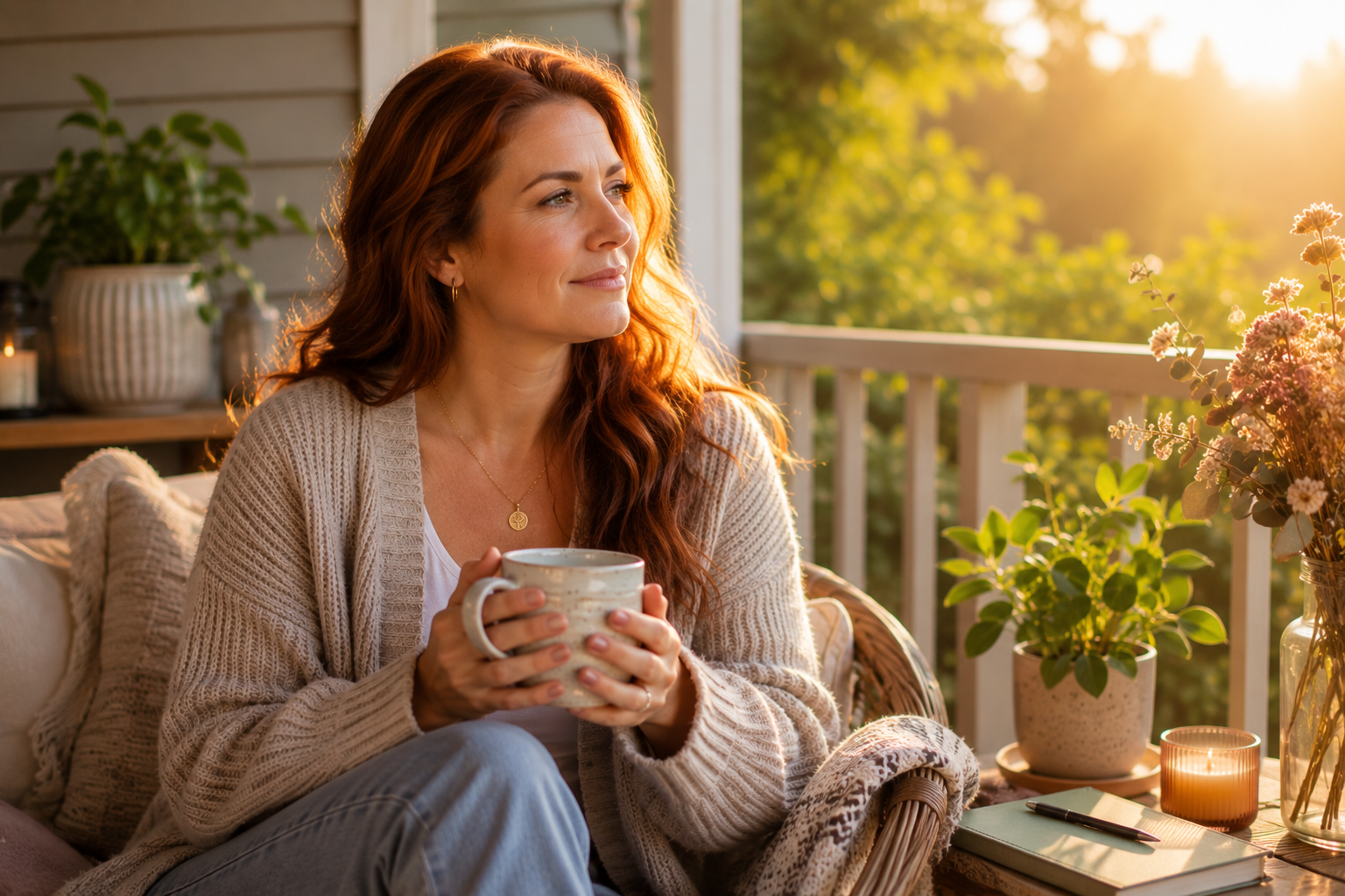 mother sitting peacefully outdoors with a warm drink, representing maternal mental health support, emotional wellbeing, healing, and seeking therapy during motherhood.