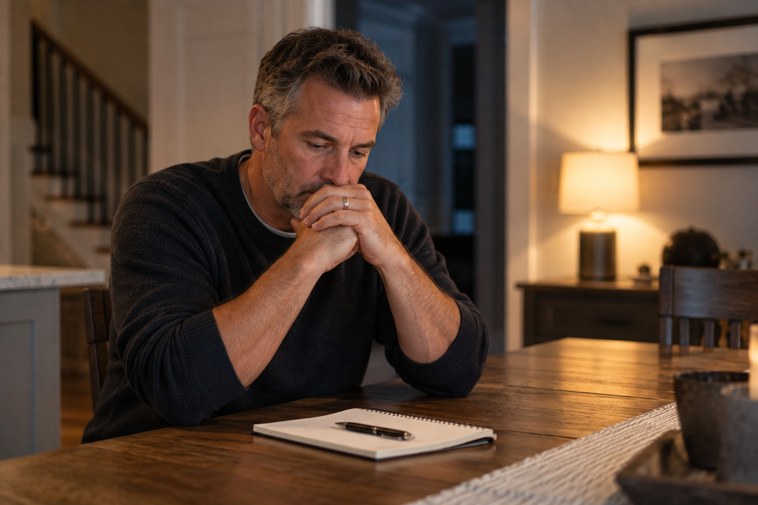 Middle-aged man sitting quietly at home reflecting on his relationship.